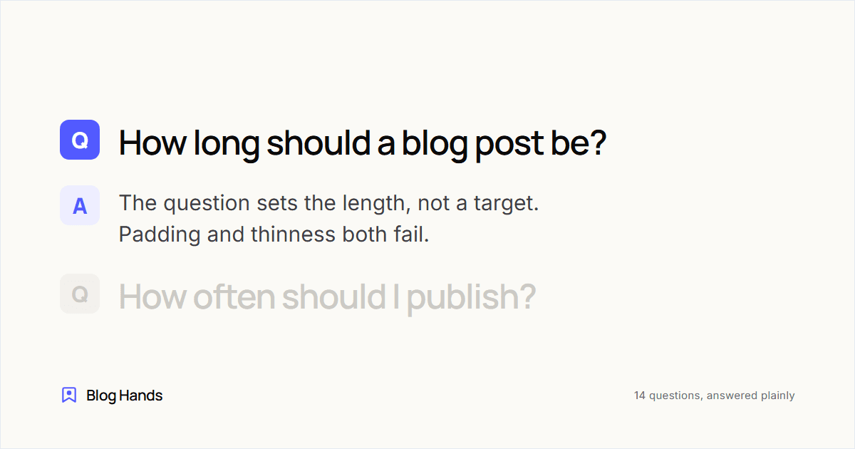 A question and its answer: "How long should a blog post be?" — "The question sets the length, not a target. Padding and thinness both fail." A further question waits behind it.